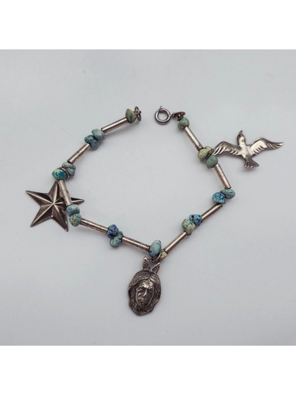 Native American Style Silver Tone Charm Bracelet Turquoise Beads Star Bird Face - Picture 5 of 8